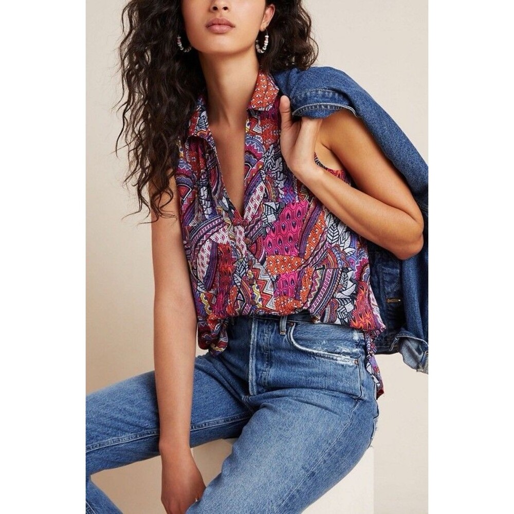 Maeve Anthropologie Blouse Small Pintuck Sleeveless Boho Geometric Top NWOT